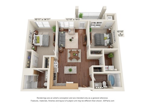 Floor plan for 2 beds, 2 baths, 1050 sqft